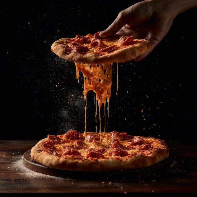 Foto una mano alcanza una pizza de pepperoni con un fondo negro.