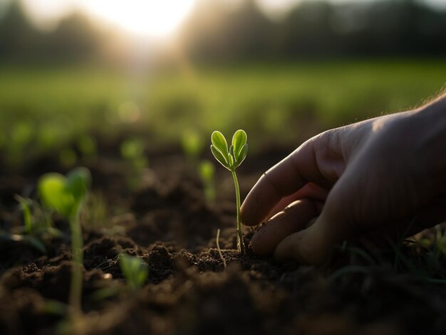 Foto una mano alcanza una planta en un campo.