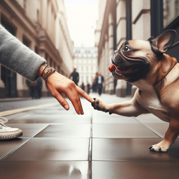 Foto la mano alcanzando al perro francés