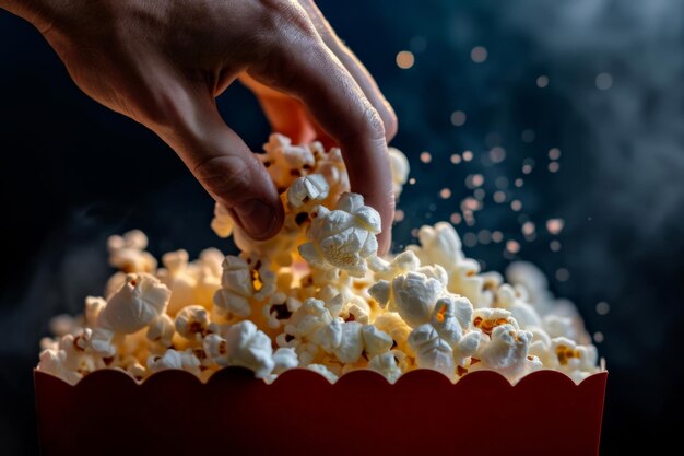 La mano alcanzando una caja de palomitas de maíz roja movimiento de granos capturados contra un fondo oscuro de mal humor