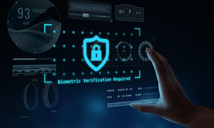 Foto la mano alcanzando hacia la interfaz de pantalla de verificación de seguridad biométrica futurista hud