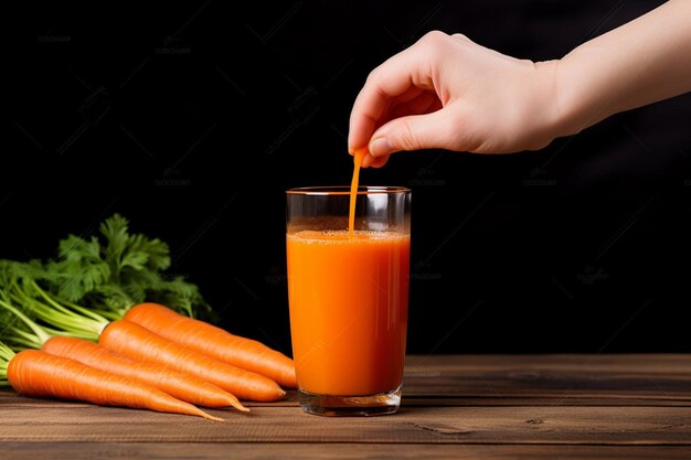 Foto una mano alcanzando un vaso de jugo de zanahoria en una mesa de madera