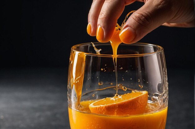 Una mano apretando una naranja con jugo goteando en