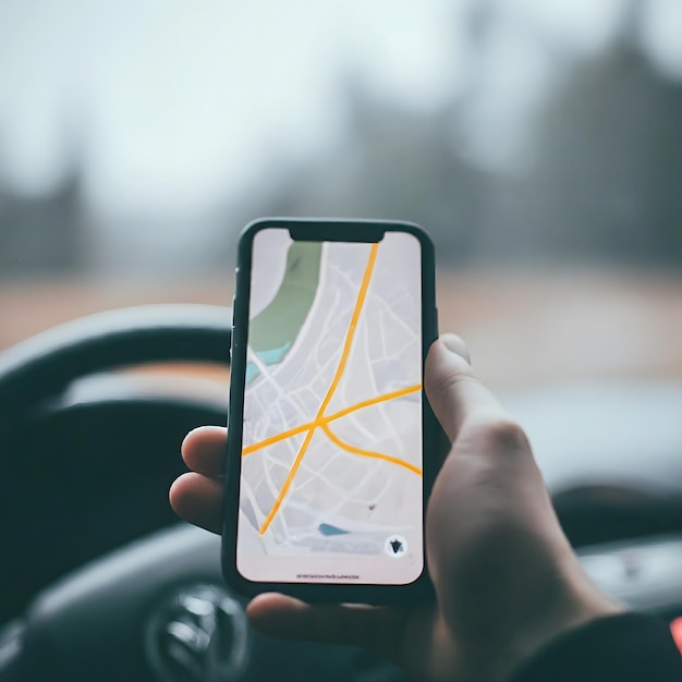 Una mano apuntando a un icono de navegador GPS en una pantalla de teléfono inteligente con un mapa