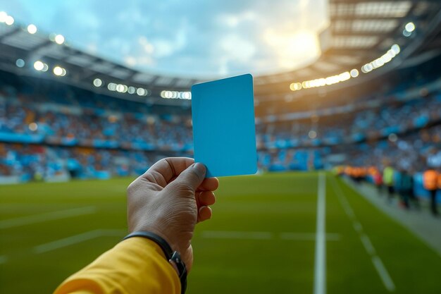 La mano del árbitro sosteniendo una tarjeta azul