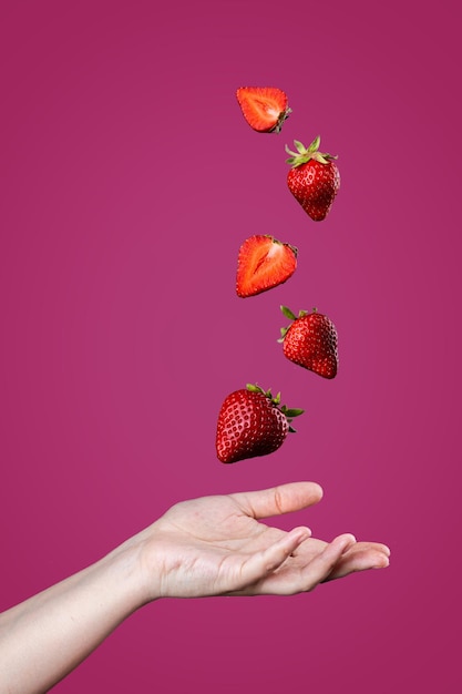 La mano arroja fresas maduras