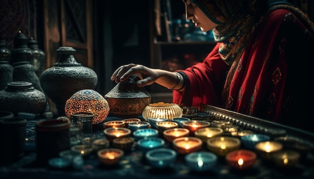 Mano de artesano ilumina arcilla con luz de velas generada por IA