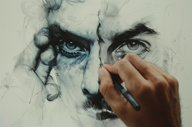La mano del artista dibuja la cara de una persona.
