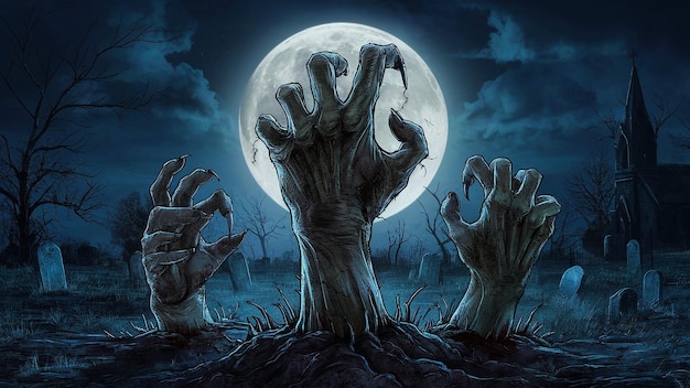 una mano aterradora con una luna llena en el fondo