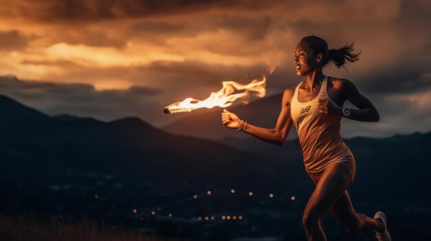 La mano de un atleta sosteniendo una antorcha deportiva contra un horizonte con el Monte