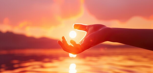 La mano atrapando el sol al atardecer sobre el agua