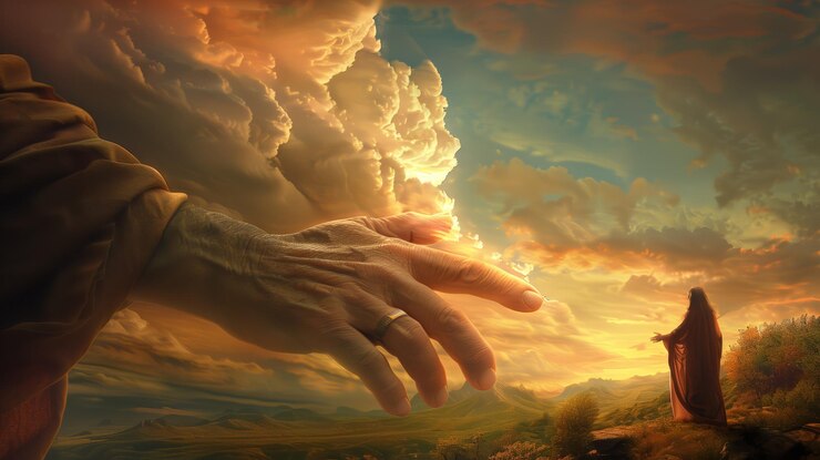 Foto la mano ayudante de dios, símbolo de consuelo, de ayuda y apoyo divinos, guía y eleva a los creyentes a través de los desafíos de la vida con compasión y gracia, fuente de fuerza y consuelo en tiempos de necesidad.