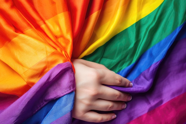 La mano con la bandera LGBT de cerca