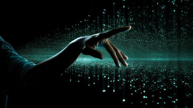 La mano de big data mueve los puntos del mar de datos virtuales los puntos de datos en la nube de datos virtuales