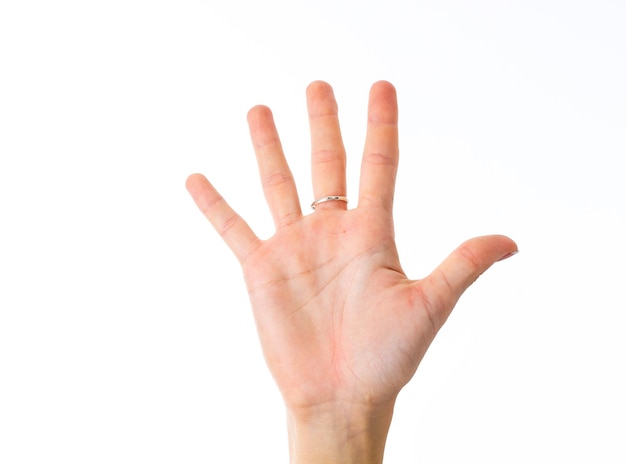 Mano blanca de mujer joven mostrando cinco dedos sobre fondo blanco en estudio