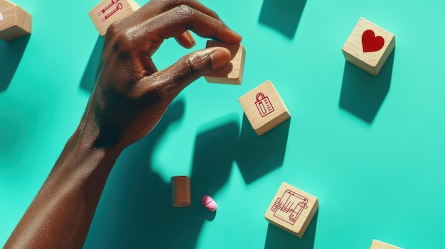 La mano con los bloques de madera