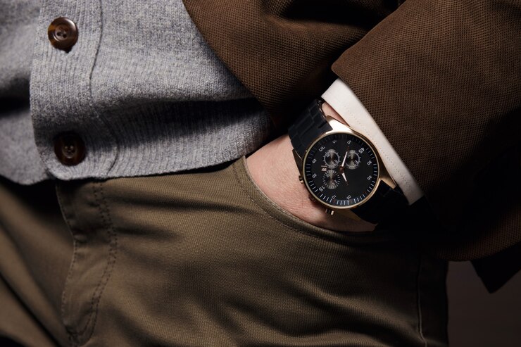 De la mano en el bolsillo con reloj de pulsera en un elegante traje de cerca