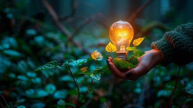 La mano con una bombilla Desarrollo sostenible y medio ambiente responsable Energía renovable