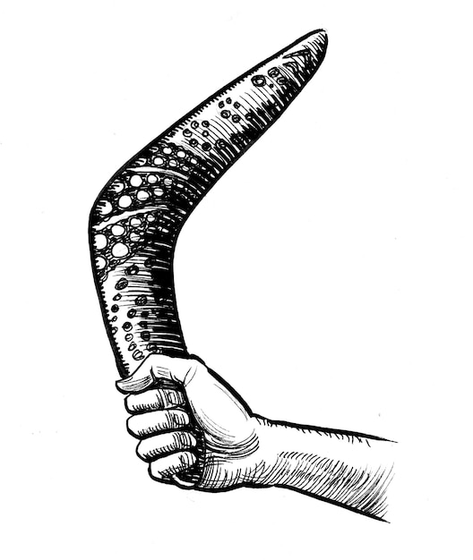 Mano con un boomerang. Dibujo a tinta en blanco y negro