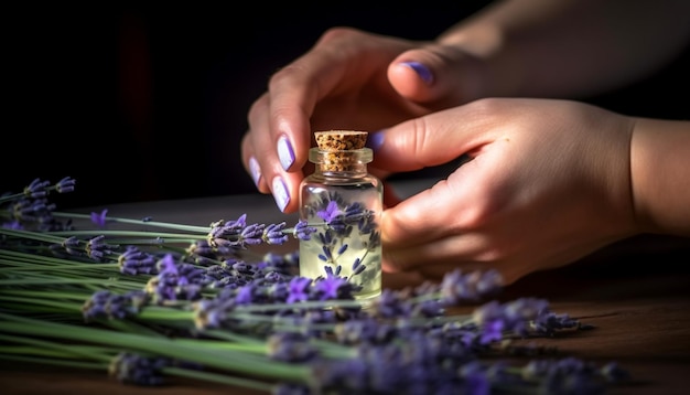 Con la mano una botella púrpura de aceite de aromaterapia perfumado para la relajación generado por la inteligencia artificial