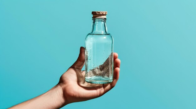 Foto la mano con una botella transparente