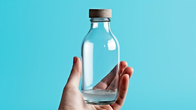 Foto la mano con una botella transparente