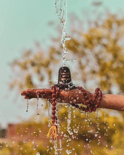 Una mano con una cabeza sagrada y una gota de agua sobre ella.