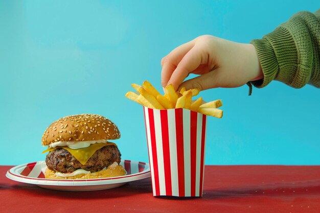 Una mano con una camisa verde sale de la pantalla para recoger algunas papas fritas de un rojo y blanco