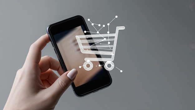 mano con el carrito de compras del teléfono inteligente