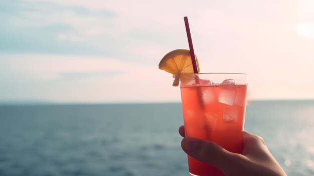Mano caucásica sosteniendo un vaso de cóctel de frutas rojas sobre un fondo borroso del horizonte marino en un día soleado Red neuronal generada en mayo de 2023 No se basa en ninguna escena o patrón de persona real