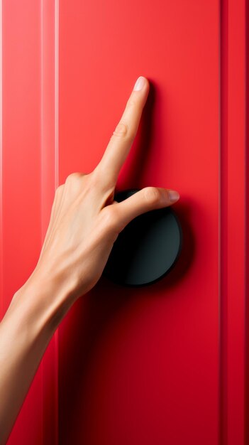 Foto la mano caucásica tocando un botón negro en una pared roja