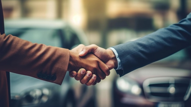 Mano de cerca del cliente estrecha la mano con los agentes de seguros de automóviles después de acordar los términos del seguro con el coche borroso en el fondo