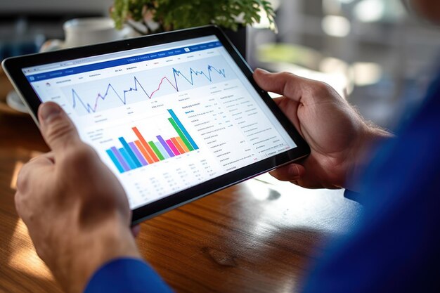 La mano de cerca del empresario utiliza una tableta para el análisis de datos comerciales