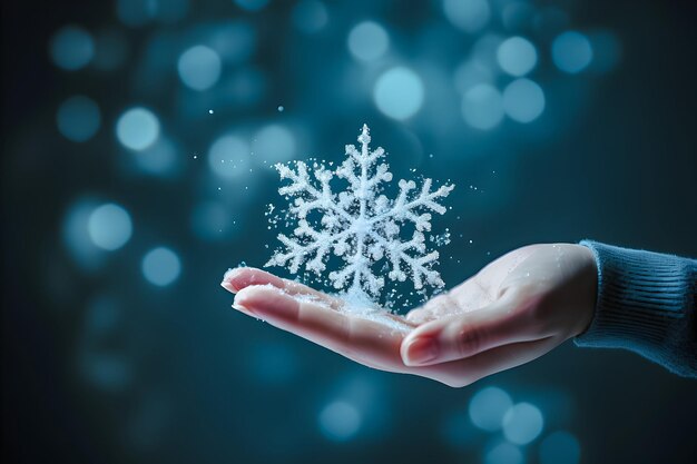 Mano de cerca sosteniendo un copo de nieve en el fondo azul Concepto de invierno mágico