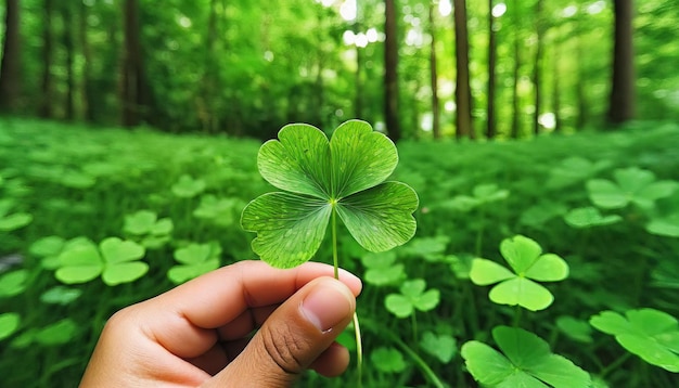 Foto mano cercana sosteniendo un pedazo de trébol en el bosque