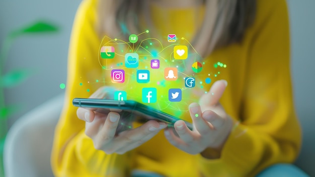 Una mano de chica linda usando un teléfono inteligente con un icono de redes sociales flotando en HD