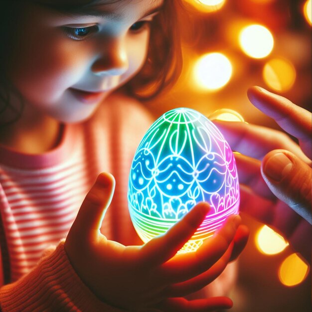 Foto la mano de childs con el huevo de pascua de neón