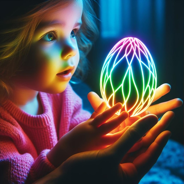 La mano de Childs con el huevo de Pascua de neón