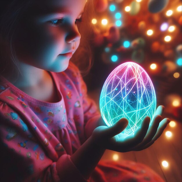 Foto la mano de childs con el huevo de pascua de neón