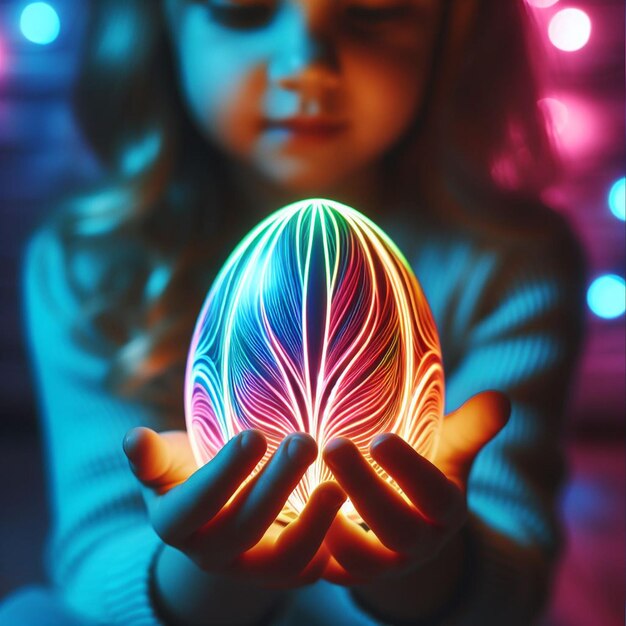 Foto la mano de childs con el huevo de pascua de neón