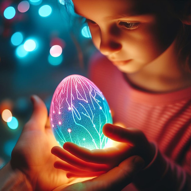 Foto la mano de childs con el huevo de pascua de neón