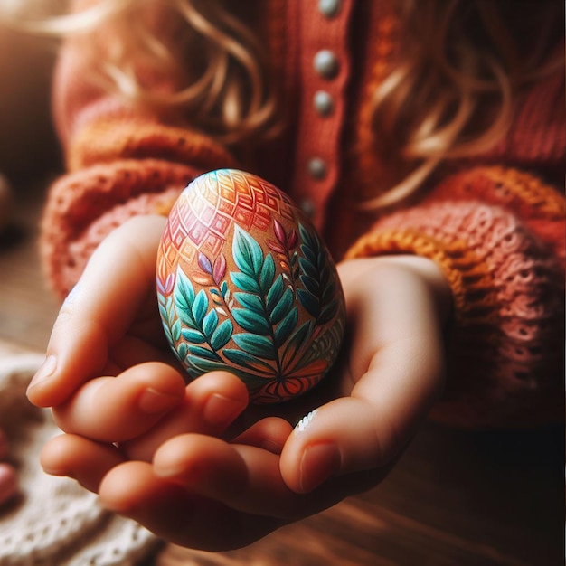 Foto la mano de childs con el huevo de pascua de neón