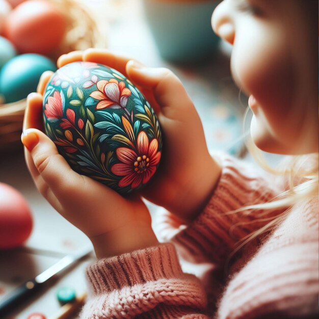 Foto la mano de childs con el huevo de pascua de neón