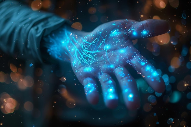 Foto la mano cibernética con las partículas digitales azules brillantes