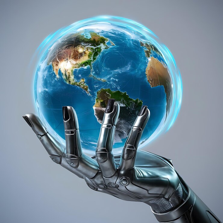Una mano cibernética sosteniendo una Tierra holográfica