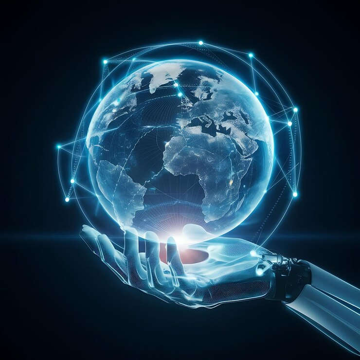 Una mano cibernética sosteniendo una Tierra holográfica