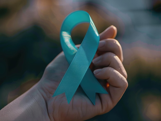 Una mano con una cinta azul que dice "Concientización sobre el cáncer de mama"