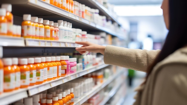 La mano del cliente recogiendo la medicina de un estante dentro de una farmacia naranja personas detrás de su compra