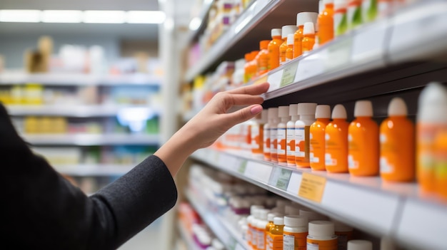 La mano del cliente recogiendo la medicina de un estante dentro de una farmacia naranja personas detrás de sus compras