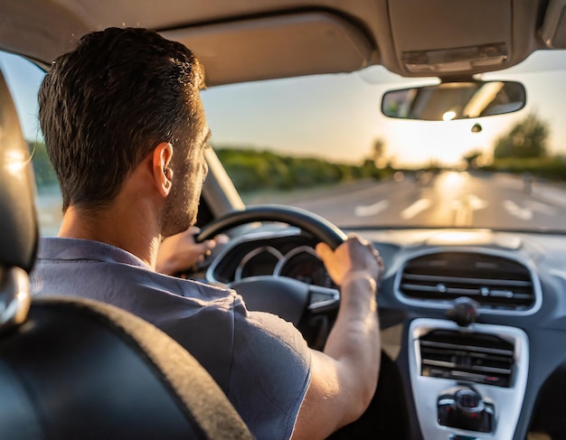 Foto mano en el coche de rueda primer plano hombre adulto conduciendo el coche vista desde atrás en la puesta de sol en la calle